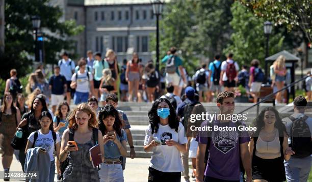 Newton, MA Students return to the Boston College campus for the 2022-23 school year, with very few wearing masks.
