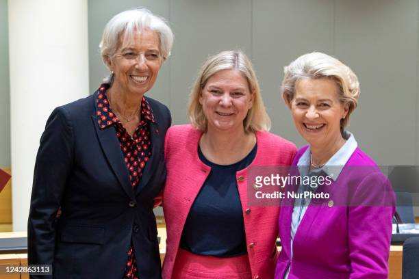 Christine Lagarde President of the European Central Bank ECB, Magdalena Anderson PM of Sweden and and Ursula von der Leyen President of the European...