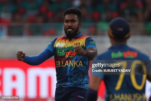 Sri Lanka's Asitha Fernando celebrates after dismissing Bangladesh's Sabbir Rahman during the Asia Cup Twenty20 international cricket match between...