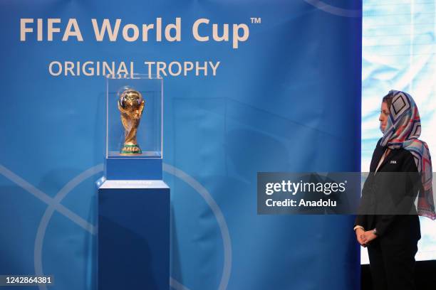 World Cup Trophy on display at a hall in Milad Tower complex, in Tehran, Iran September 01 2022 as part of the global trophy tour.