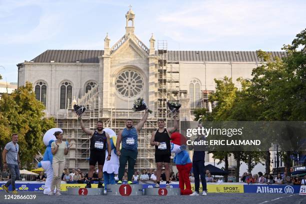 New-Zealand's Tom Walsh, US' Joe Kovacs and New Zeland's Jacjo Gill pictured on the podium after the shot put competition on the eve of the Memorial...