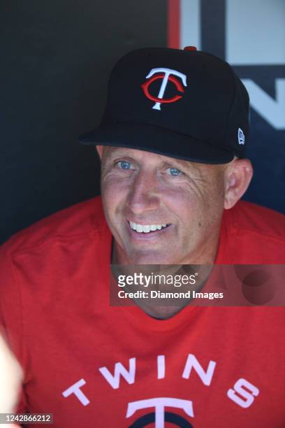 Pitching coach Wes Johnson of the Minnesota Twins talks to the media prior to a game against the Cleveland Guardians at Progressive Field on June 27,...
