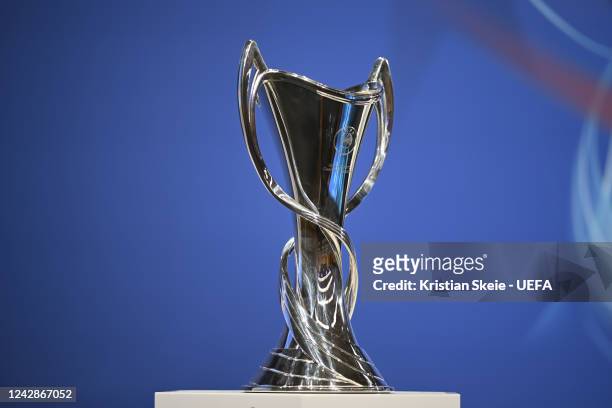 View of the UEFA Women's Champions League trophy during the UEFA Women's Champions League 2022/23 Round 2 Draw at the UEFA Headquarters, The House of...