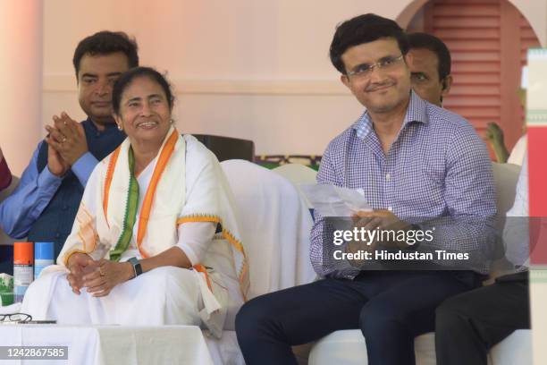 President Sourav Ganguly and West Bengal Chief Minister Mamata Banerjee during a programme organised to thank UNESCO for awarding Kolkata's Durga...