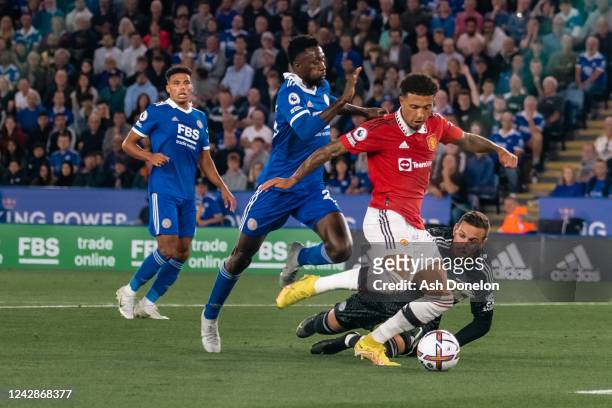 Jadon Sancho of Manchester United scores a goal to make the score 0-1 during the Premier League match between Leicester City and Manchester United at...