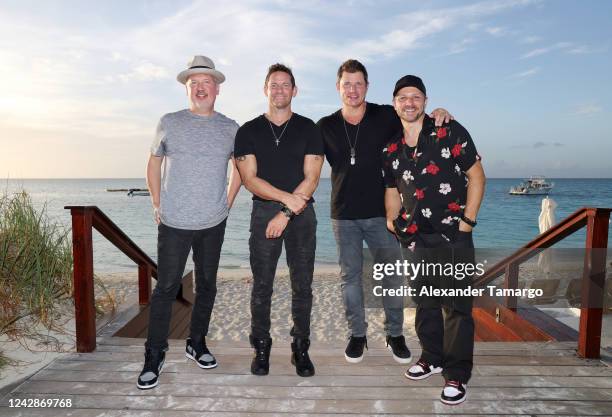 Justin Jeffre, Jeff Timmons, Nick Lachey and Drew Lachey are seen prior to the 98 Degrees Ultimate Throwback Concert at Beaches Turks & Caicos Resort...