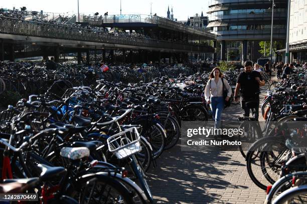 View of the bicycle parking near the Central Station in Amsterdam, Netherlands on September 1, 2022.