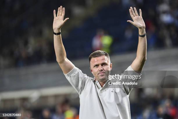 Atalanta's Josip Ilicic greets Atalanta fans before the start of the Italian Serie A football match between Atalanta and Torino at the Gewiss Stadium...