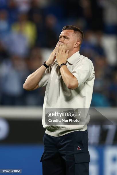 Josep Ilicic greets his former supporters as is set to transfer during this transfer session during the italian soccer Serie A match Atalanta BC vs...