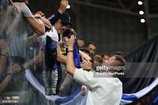 Josep Ilicic greets his former supporters as is set to transfer during this transfer session during the italian soccer Serie A match Atalanta BC vs...