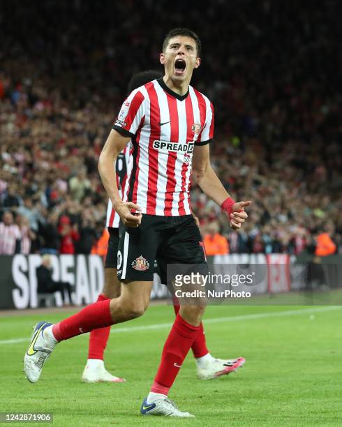 Ross Stewart of Sunderland celebrates after scoring their first goal during the Sky Bet Championship match between Sunderland and Rotherham United at...