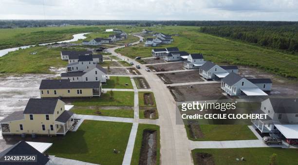 An aerial view of the new homes at The New Isle resettlement community in Terrebonne Parish near Schriever, Louisiana, on August 24 built for the...