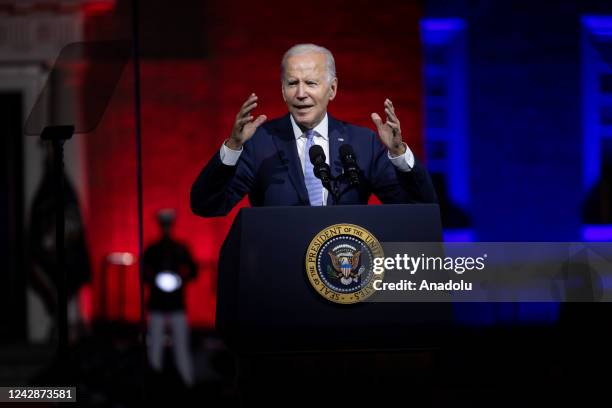 Philadelphia, USA- September 1st: President Joe Biden gives a speech on protecting American democracy in front of Independence Hall in Philadelphia,...