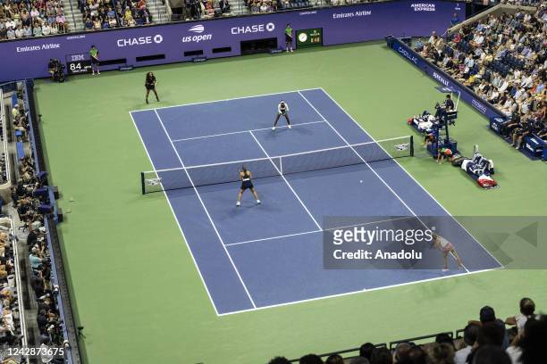 Serena Williams and Venus Williams play during 1st round of women doubles US Open Championships against Lucie Hradecka and Linda Noskova of Czech...