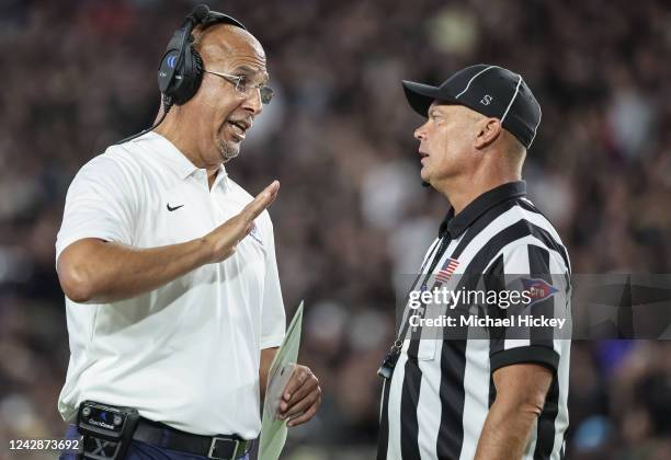 Head coach James Franklin of the Penn State Nittany Lions talks to an official during the first half against the Purdue Boilermakers at Ross-Ade...