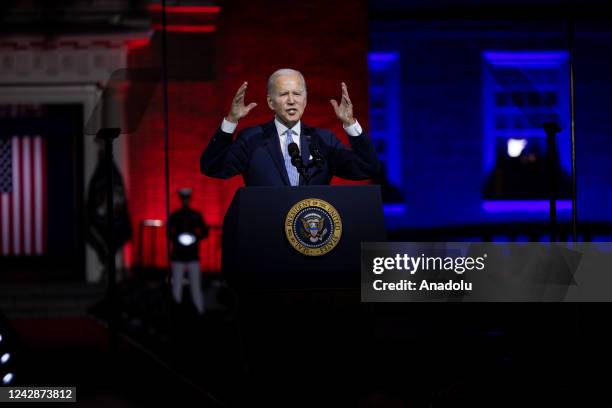 Philadelphia, USA- September 1st: President Joe Biden gives a speech on protecting American democracy in front of Independence Hall in Philadelphia,...