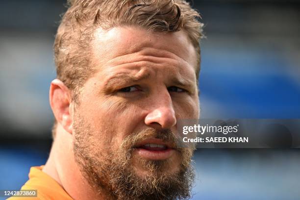 Australia's rugby captain James Slipper speaks to the media during the captain's run at Alliance Stadium in Sydney on September 2 ahead of the Rugby...