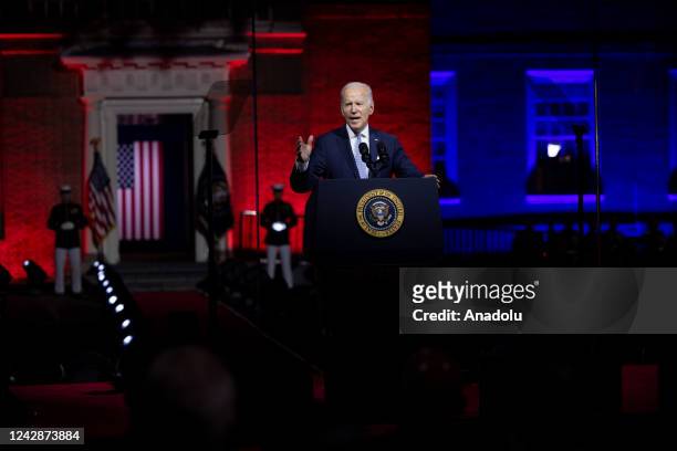 Philadelphia, USA- September 1st: President Joe Biden gives a speech on protecting American democracy in front of Independence Hall in Philadelphia,...