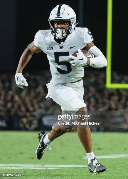 Mitchell Tinsley of the Penn State Nittany Lions runs for a touchdown during the first half against the Purdue Boilermakers at Ross-Ade Stadium on...