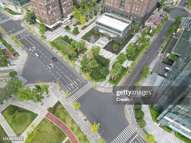 This aerial photo taken on September 1, 2022 shows nearly empty roads amid restrictions due to an outbreak of the Covid-19 coronavirus in Chengdu, in...