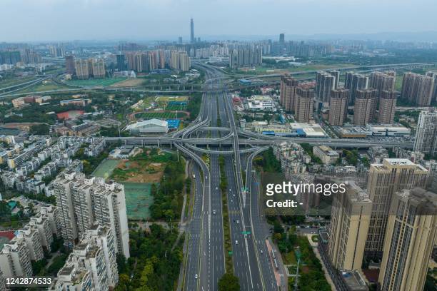 This aerial photo taken on September 1, 2022 shows nearly empty roads amid restrictions due to an outbreak of the Covid-19 coronavirus in Chengdu, in...