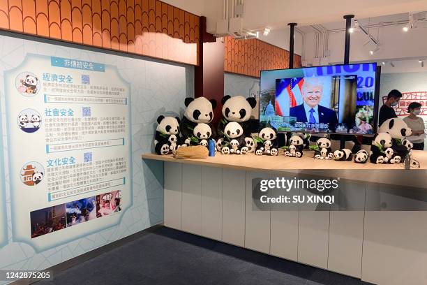 This picture taken on September 1, 2022 shows a television screen showing an image of former US president Donald Trump beside toy pandas on display...