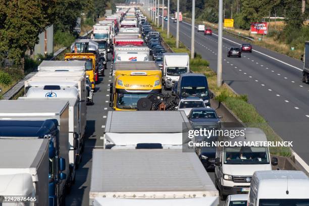 Illustration picture shows traffic congestion with lots of trucks and cars after an accident with a truck at the Drongen exit of the E40 highway, in...