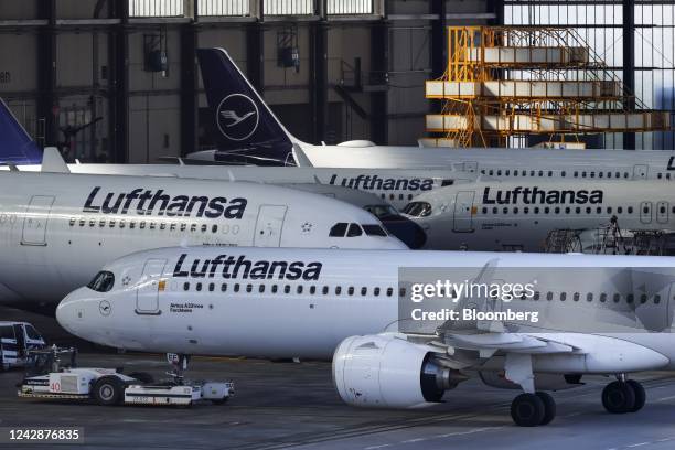 Parked aircraft, operated by Deutsche Lufthansa AG, during a strike by the airline's pilots, in the Lufthansa Technik AG hangar at Frankfurt Airport...