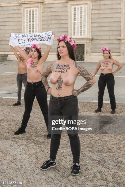 Topless members of the feminist activist group protest in front of the Royal Palace with slogans painted on their bodies against a wave of sexual...