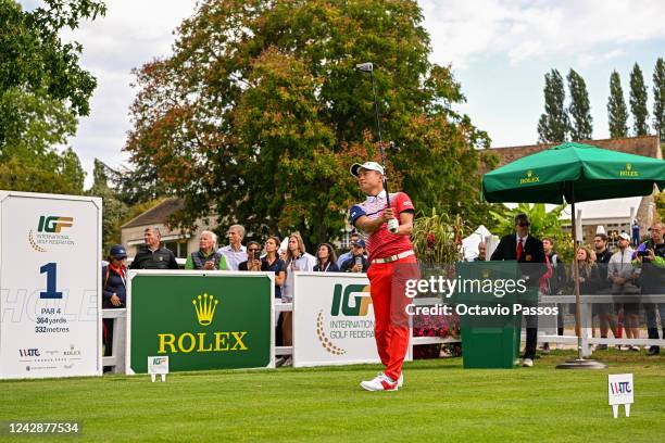 Kohei Okada of Japan plays his tee shot on the 1st hole during Day Three of the 2022 World Amateur Team Golf Championships - Eisenhower Trophy...