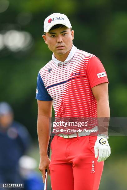 Taiga Semikawa of Japan looks on before plays his second shot on the 1st hole during Day Three of the 2022 World Amateur Team Golf Championships -...