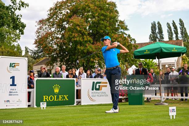 Marco Florioli of Italy plays his tee shot on the 1st hole during Day Three of the 2022 World Amateur Team Golf Championships - Eisenhower Trophy...