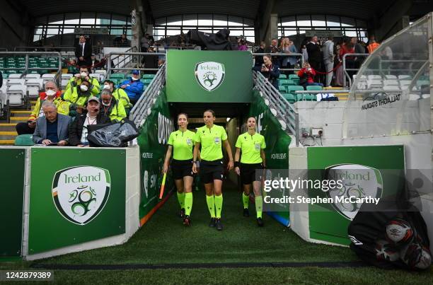 Dublin , Ireland - 1 September 2022; Referee Stéphanie Frappart, centre, with assistant referees Manuela Nicolosi, left, and Elodie Coppola, right,...