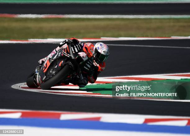 Aprilian Racing's Spanish rider Alei Espargaro rides his motorbike during a free practice session of the San Marino MotoGP Grand Prix at the Misano...