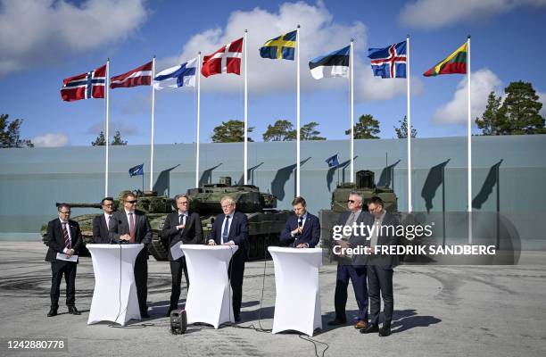 Defence Ministers Norway's Bjorn Arild Gram, Latvia's Janis Garisons, Finland's Antti Kaikkonen, Denmark's Morten Bodskov, Sweden's Peter Hultqvist,...