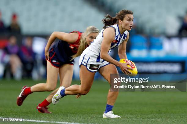 Ashleigh Riddell of the Kangaroos in action during the 2022 S7 AFLW Round 02 match between the Melbourne Demons and the North Melbourne Kangaroos at...