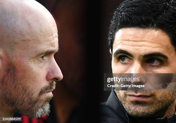 In this composite image a comparison has been made between Erik ten Hag, Manager of Manchester United and Mikel Arteta, Manager of Arsenal....