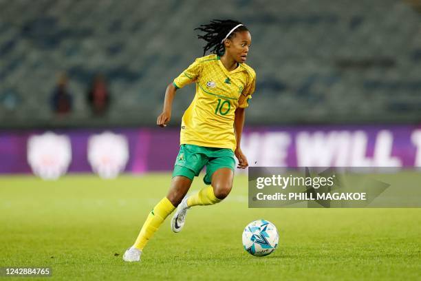 South Africas Linda Motlhalo controls the ball during the women's international friendly football match between South Africa and Brazil at Orlando...