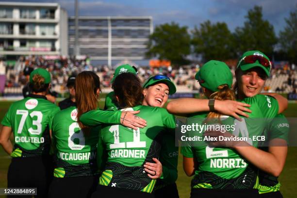 Amanda-Jade Wellington of Southern Brave celebrates with team-mates at the end of the Hundred Eliminator match between Southern Brave Women and Trent...