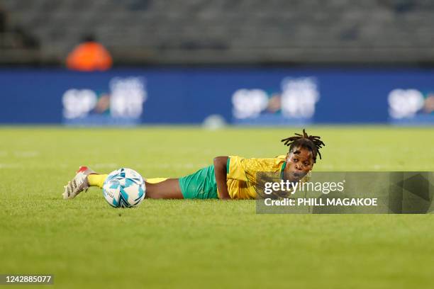 South Africas Noxolo Cesane reacts during the women's international friendly football match between South Africa and Brazil at Orlando Stadium in...