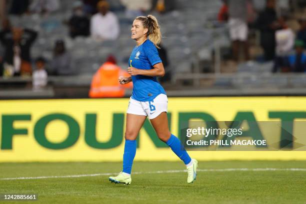 Brazils Tamires de Britto celebrates after scoring a goal during the women's international friendly football match between South Africa and Brazil at...