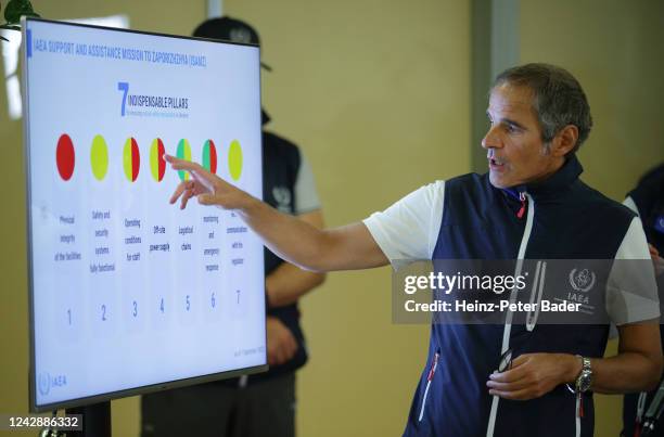 International Atomic Energy Agency Director General, Rafael Grossi speaks to the media at Vienna International Airport upon his return from...