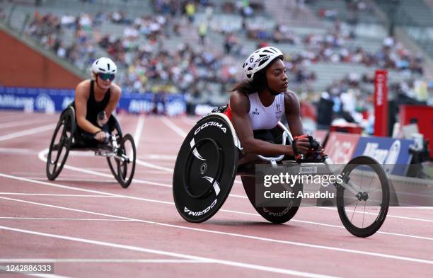 Lea Bayekula of Belgium competes in the 100 meters wheelchair race within the Memorial Van Damme Diamond League in Brussels, Belgium on September 02,...