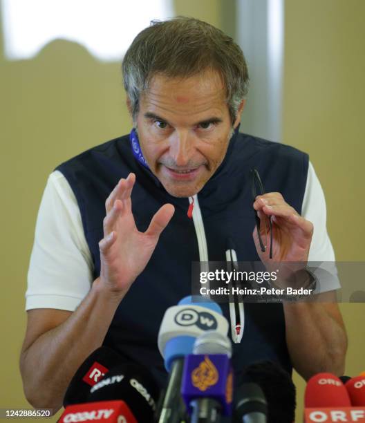 International Atomic Energy Agency Director General, Rafael Grossi speaks to the media at Vienna International Airport upon his return from...