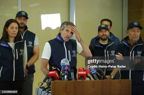 International Atomic Energy Agency Director General, Rafael Grossi speaks to the media at Vienna International Airport upon his return from...