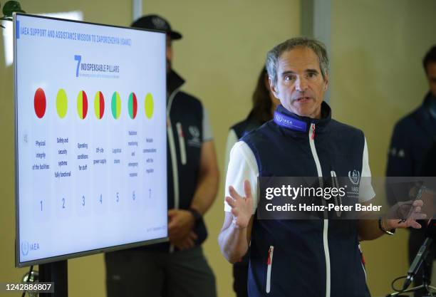 International Atomic Energy Agency Director General, Rafael Grossi speaks to the media at Vienna International Airport upon his return from...