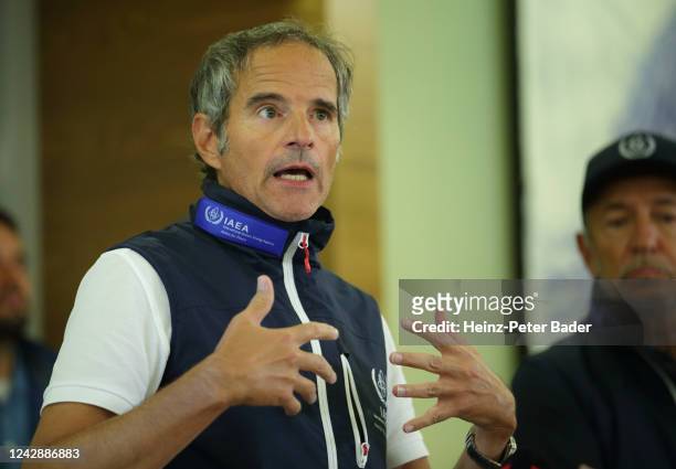 International Atomic Energy Agency Director General, Rafael Grossi speaks to the media at Vienna International Airport upon his return from...