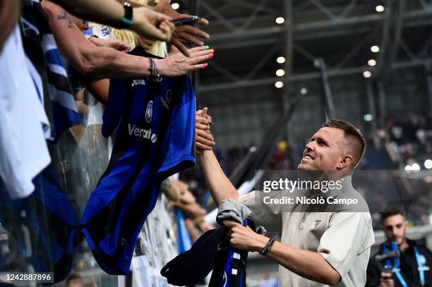 Josip Ilicic greets supporters of Atalanta BC prior to the Serie A football match between Atalanta BC and Torino FC. Atalanta BC won 3-1 over Torino...