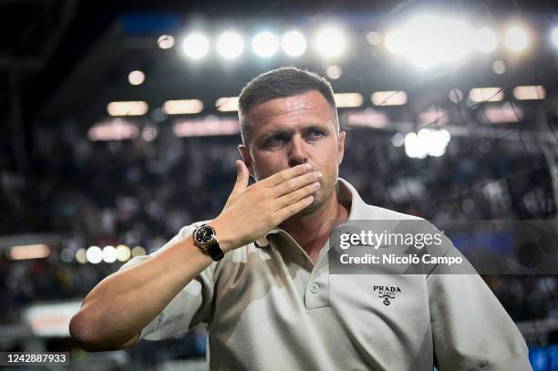 Josip Ilicic greets supporters of Atalanta BC prior to the Serie A football match between Atalanta BC and Torino FC. Atalanta BC won 3-1 over Torino...