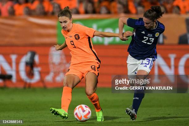Netherlands' Shanice van de Sanden fights for the ball with Scotland's Kelly Clark during the International Women's Friendly match between The...